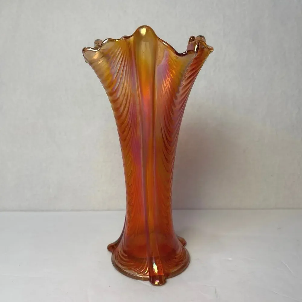 Vintage Northwood Marigold Carnival Glass Drapery Vase Orange Iridescent